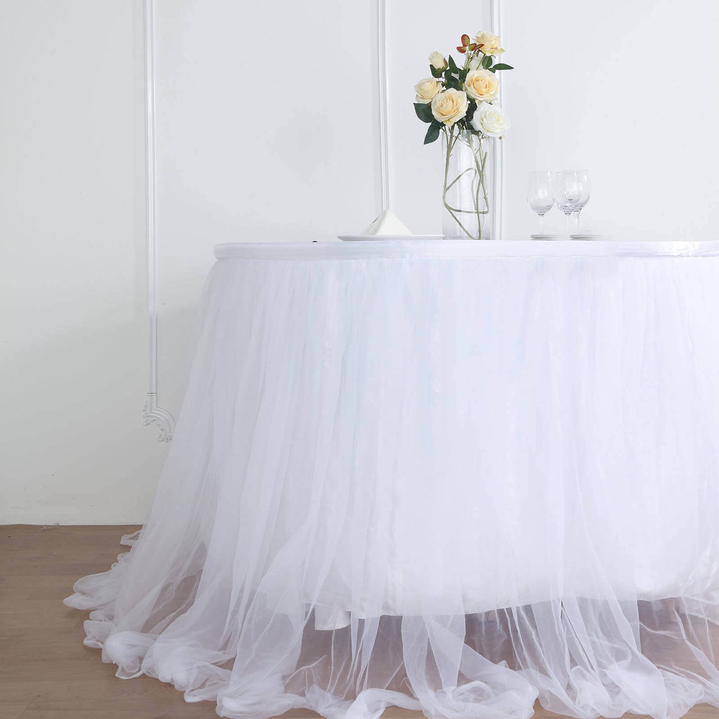 Extra Long Tulle 17ft Table Skirt White with Satin Edge - Table Cover for Baby Showers & Events - Linen Luxes