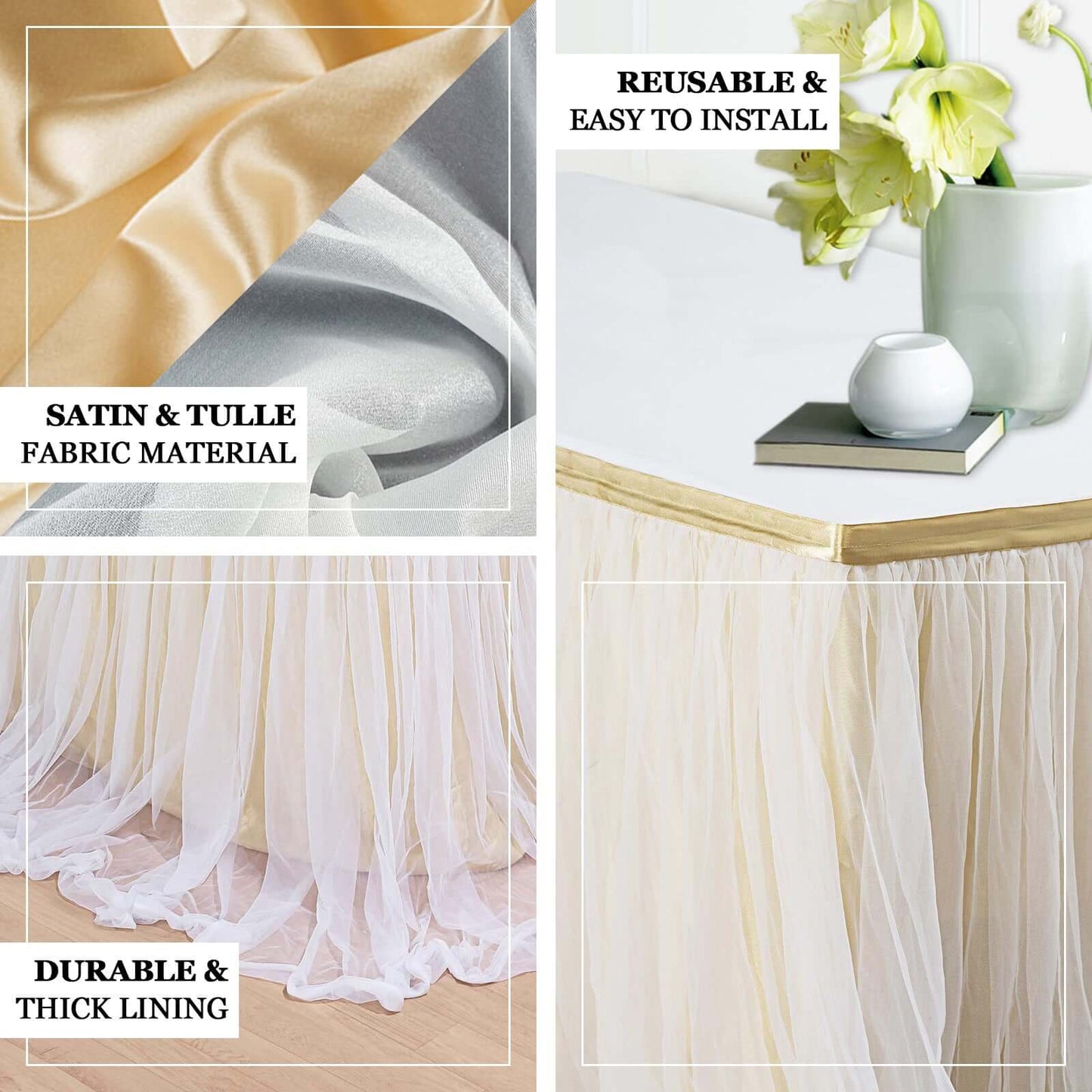 Extra Long Tulle 17ft Table Skirt White with Satin Edge - Table Cover for Baby Showers & Events - Linen Luxes