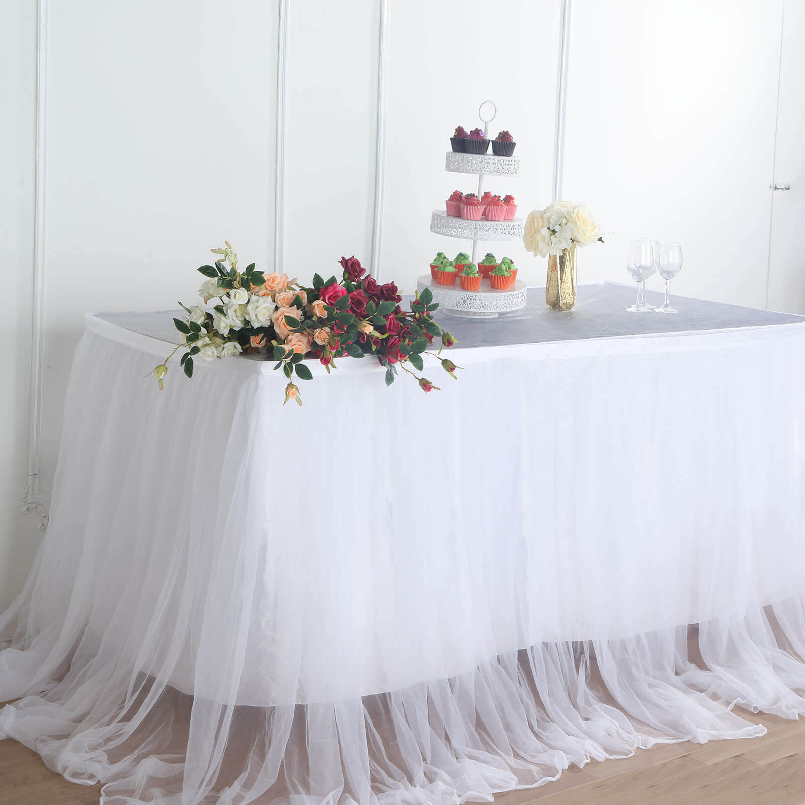 Extra Long Tulle 17ft Table Skirt White with Satin Edge - Table Cover for Baby Showers & Events - Linen Luxes