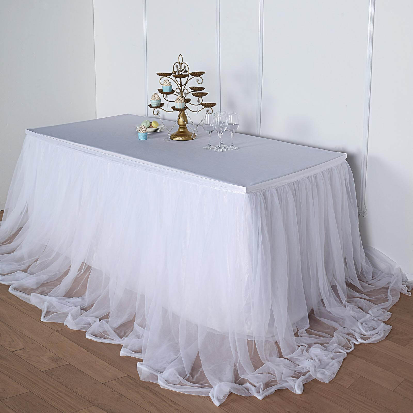 Extra Long Tulle 17ft Table Skirt White with Satin Edge - Table Cover for Baby Showers & Events - Linen Luxes