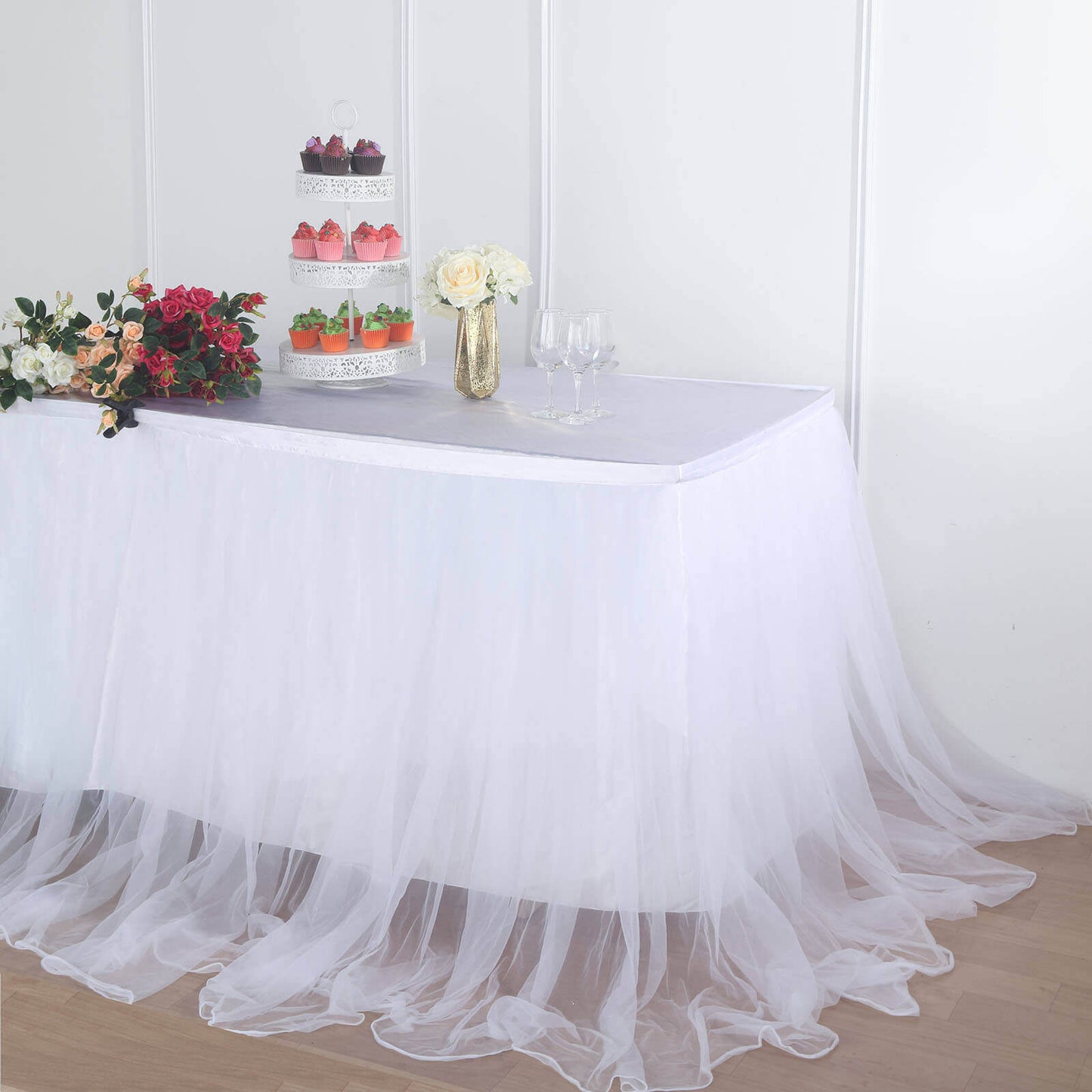 Extra Long Tulle 17ft Table Skirt White with Satin Edge - Table Cover for Baby Showers & Events - Linen Luxes