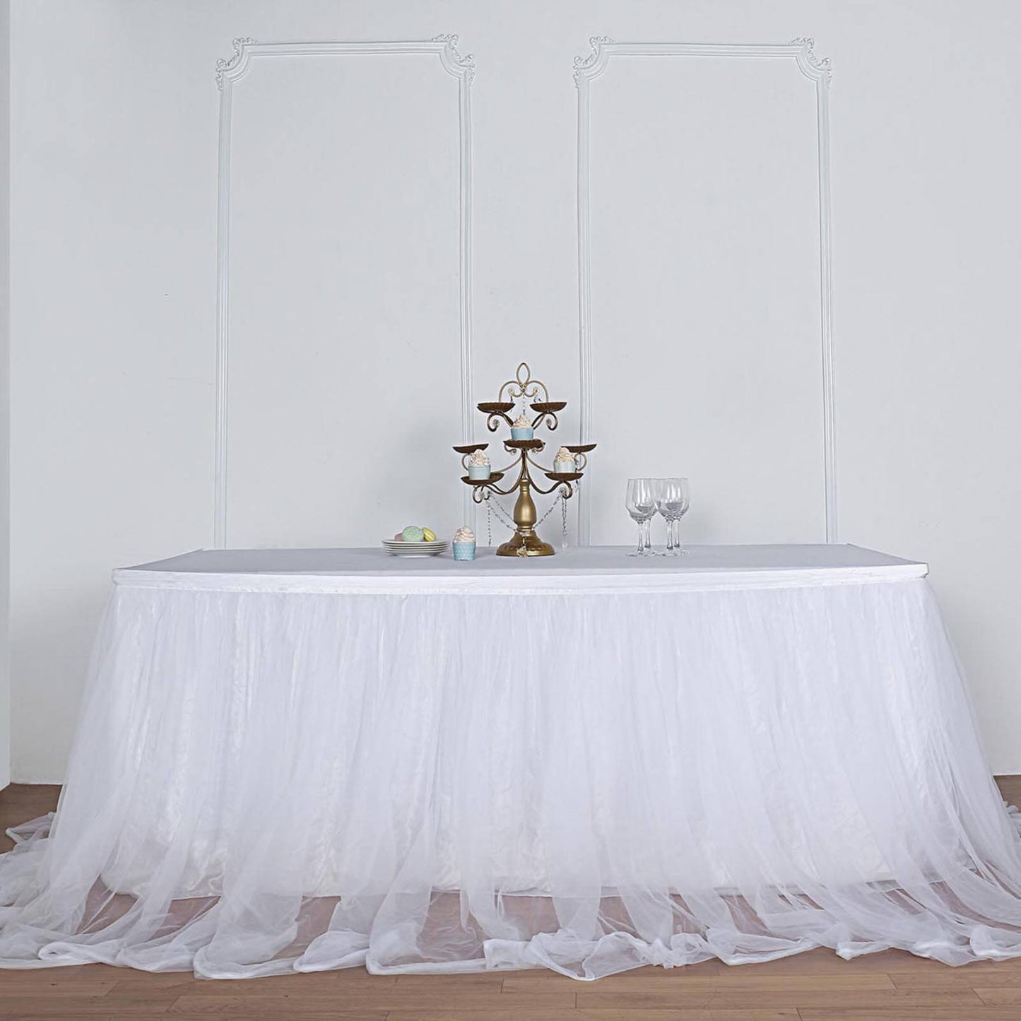 Extra Long Tulle 17ft Table Skirt White with Satin Edge - Table Cover for Baby Showers & Events - Linen Luxes