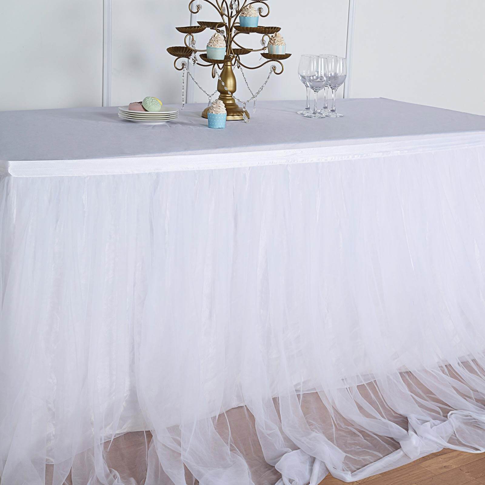 Extra Long Tulle 17ft Table Skirt White with Satin Edge - Table Cover for Baby Showers & Events - Linen Luxes