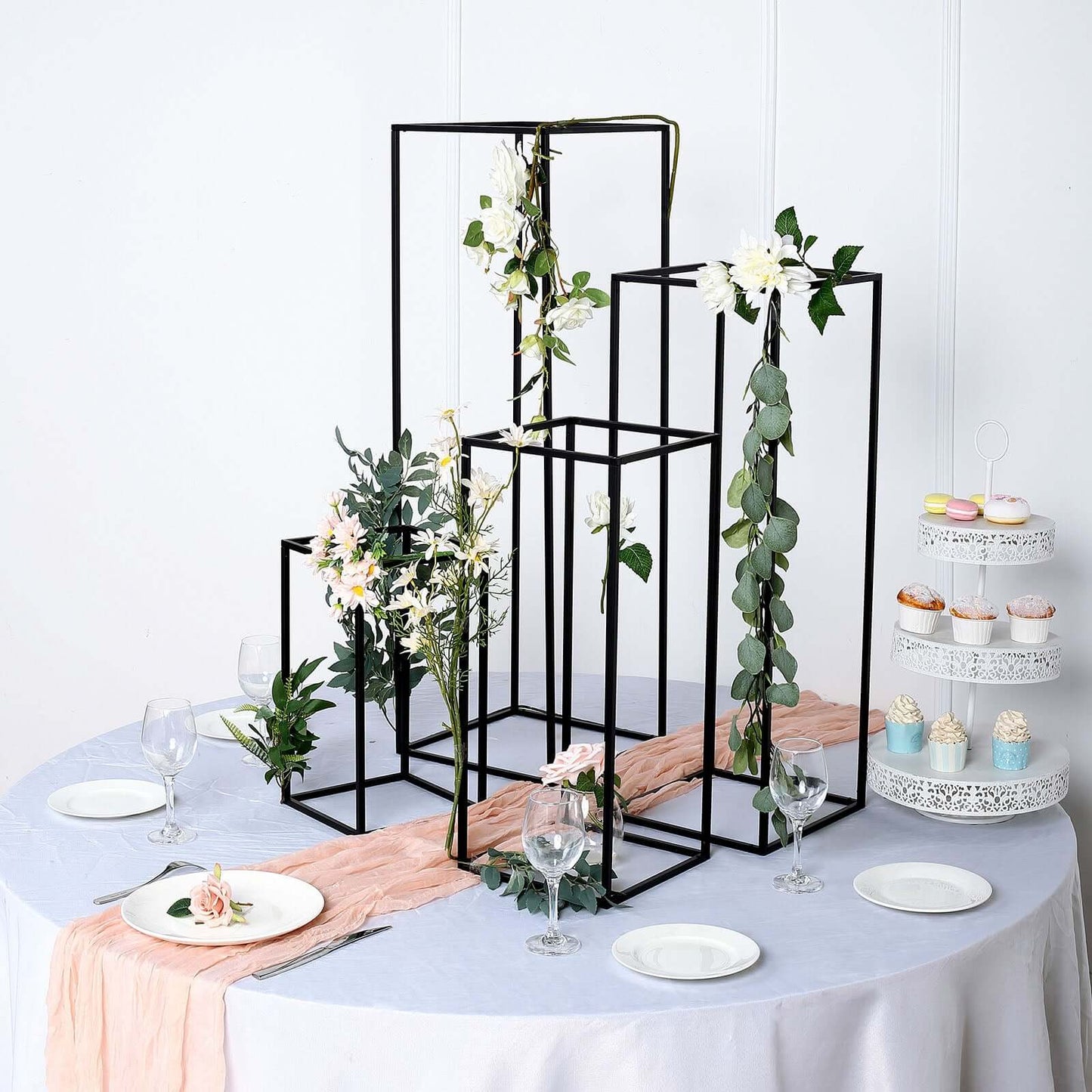 Set of 4 Metal Flower Stands Frame Wedding Column Centerpieces Matte Black - Durable Display 16"/24"/32"/40"