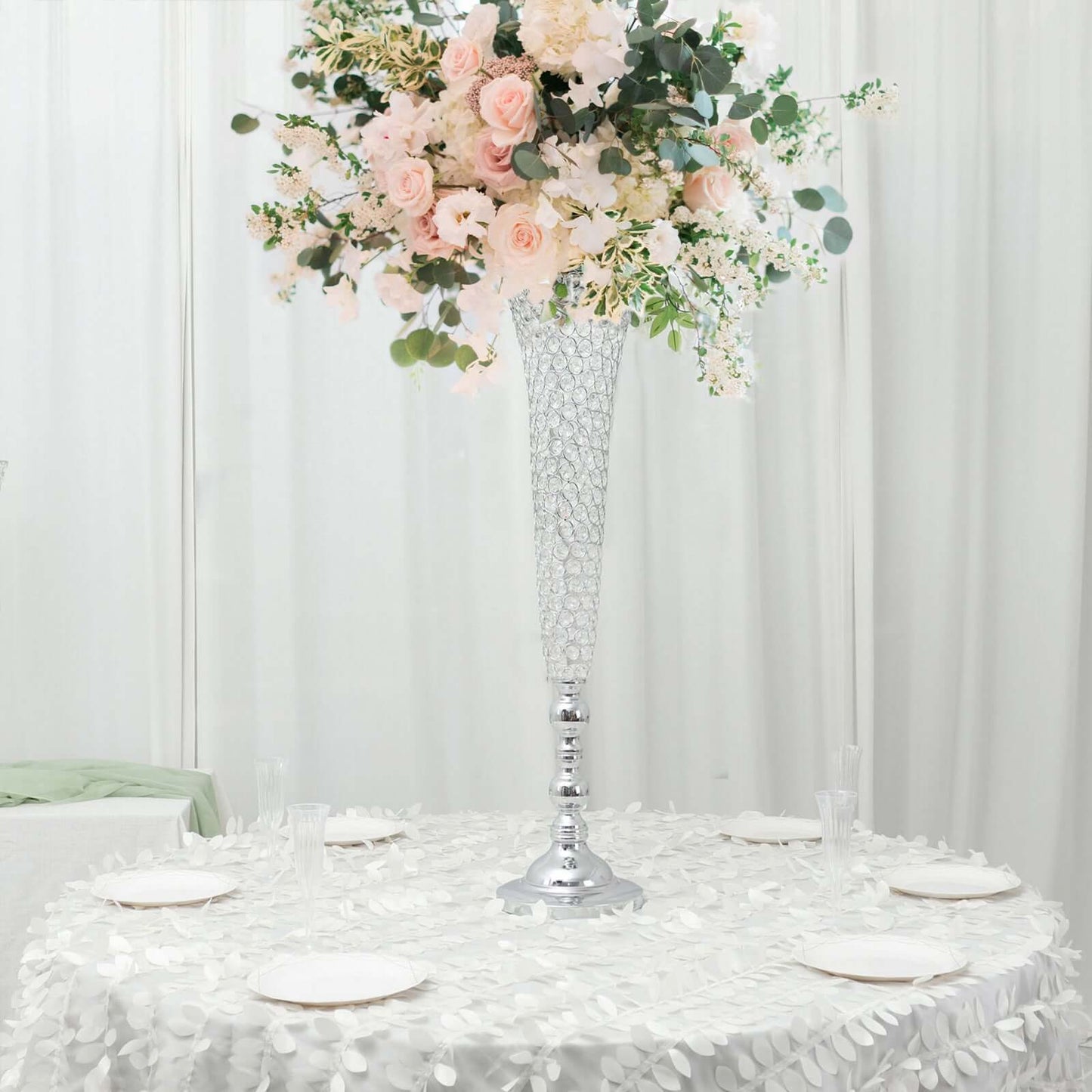 2-Pack Crystal Beaded Trumpet Vase Set Silver - Table Centerpiece for Grand Occasions 40"