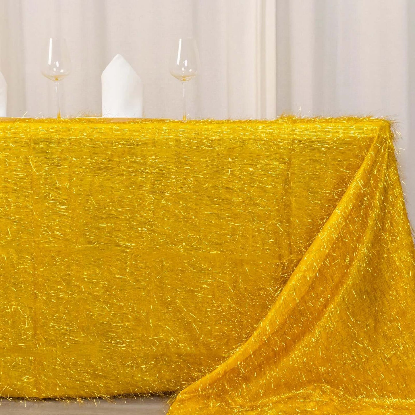 Polyester 90"x156" Rectangle Tablecloth Gold Metallic Fringe Shag Tinsel Design Table Cover for Events Decor
