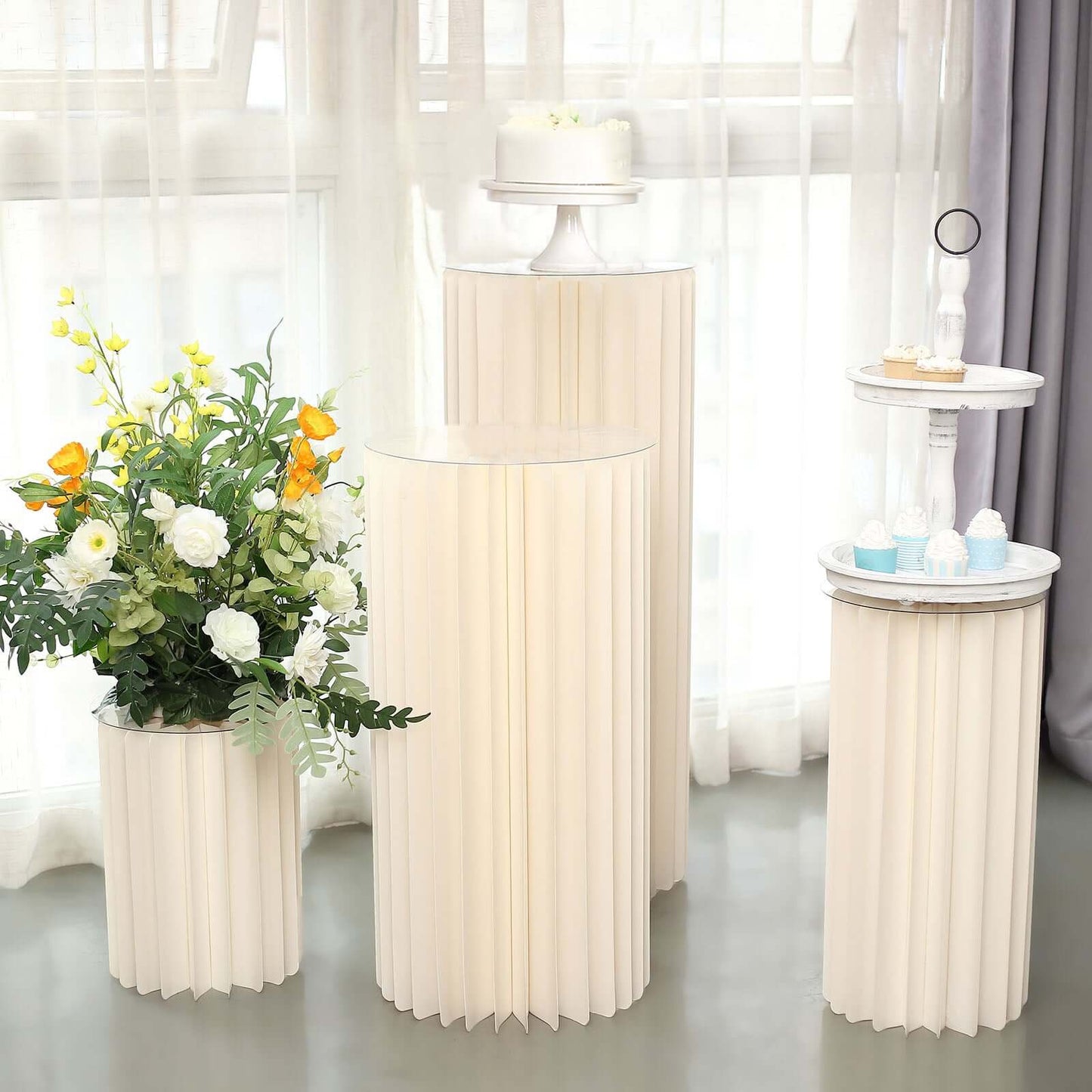 24" Ivory Cylinder Display Column Stand, Pillar Pedestal Stand With Top Plate