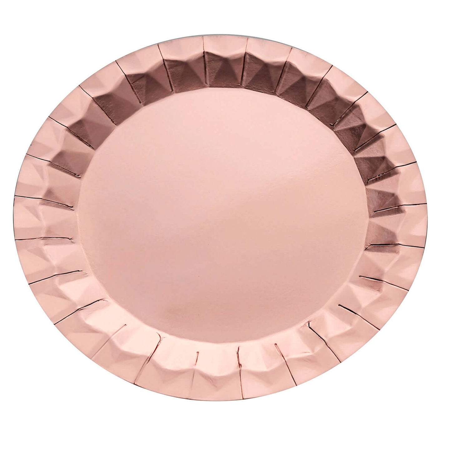 25-Pack Paper 12" Round Charger Plates in Metallic Rose Gold with Geometric Prism Design - Disposable 400GSM Serving Trays