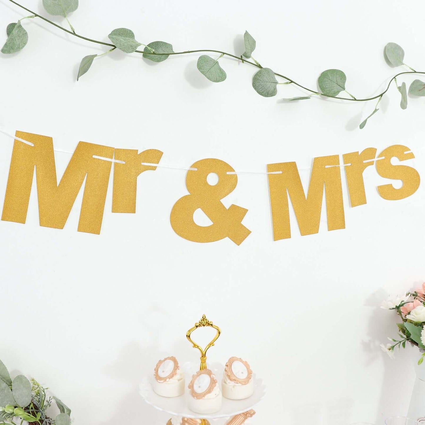 3ft Gold Glittered Mr and Mrs Paper Hanging Wedding Anniversary Banner, Party Garland Banner