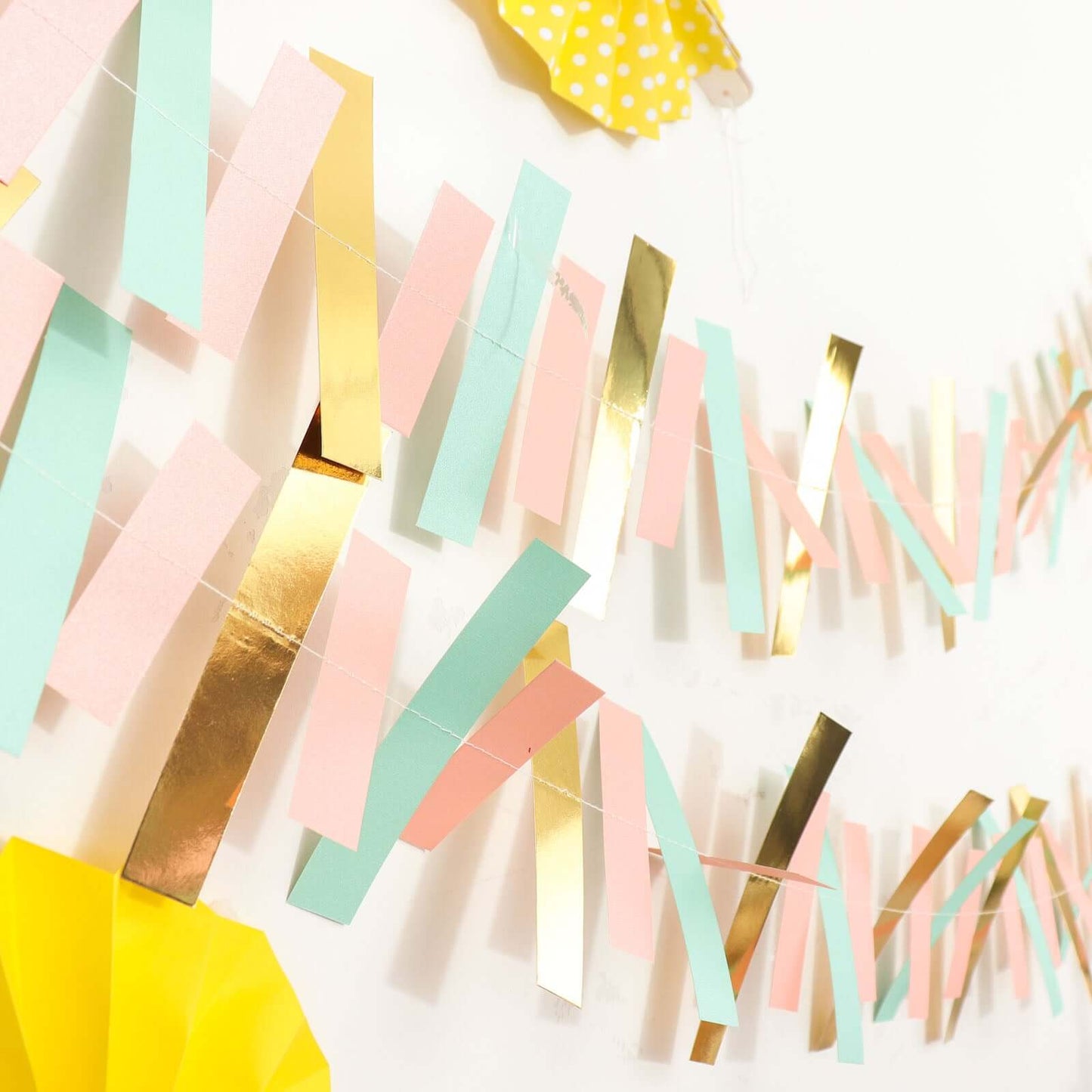 Gold, Blush and Turquoise Confetti-Like Paper Party Garland Streamer, Hanging Backdrop Decoration - 6.5ft