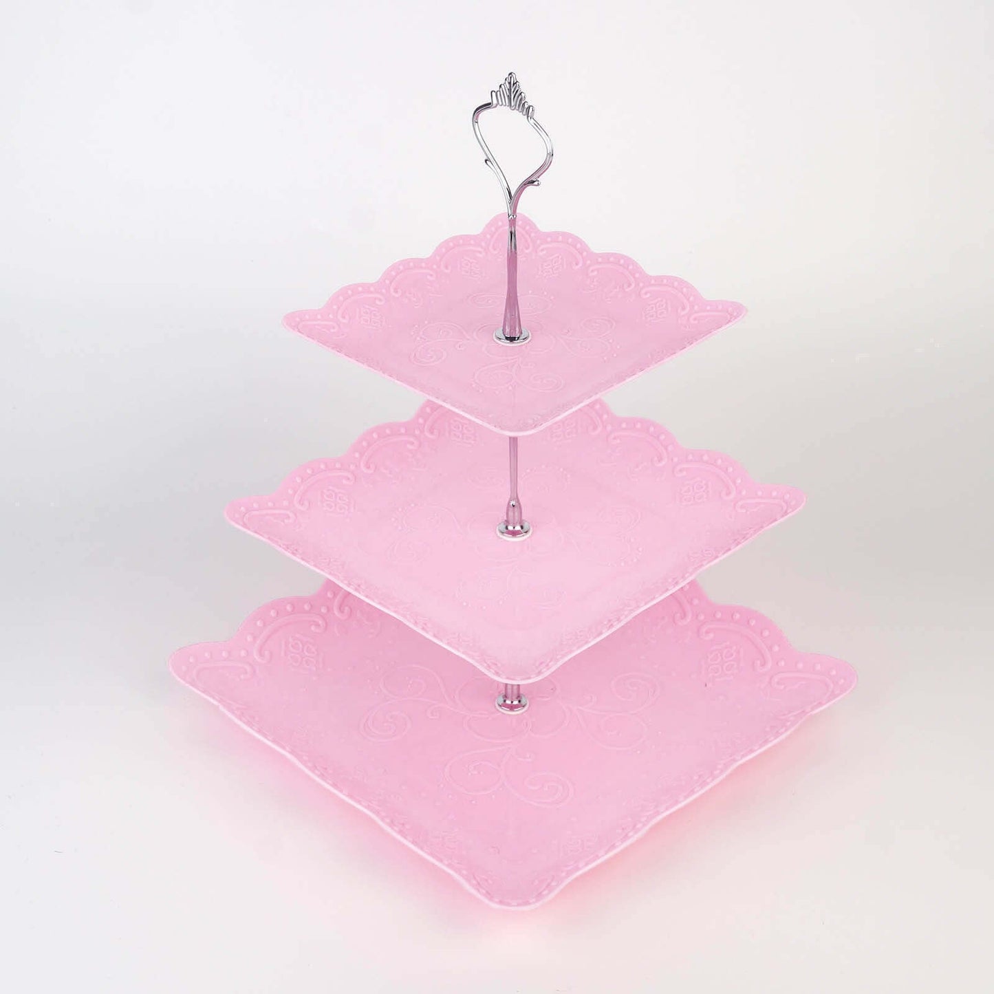 3-Tier Plastic Square Cupcake Stand Tower Pink - Charming Easy to Assemble Dessert Display Serving Tray Platter with Floral Embossed Scalloped Rim & Silver Handle for Tea Parties Weddings & Special Occasions 13"