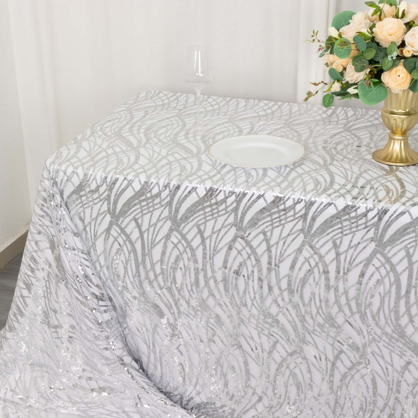 Mesh 90"x156" Rectangle Tablecloth Silver - Wave Sequin Embroidered Table Cover