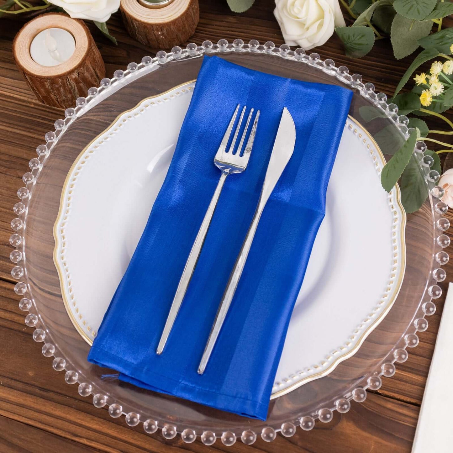 5 Pack Satin 20"x20" Napkins Royal Blue Glossy Stripes - Durable & Wrinkle-Free Cloth Napkins