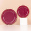 10-Pack Plastic 7" Round Dessert Plates in Burgundy with Gold Vintage Embossed Rim - Sturdy Disposable Scalloped Edge Salad Plates