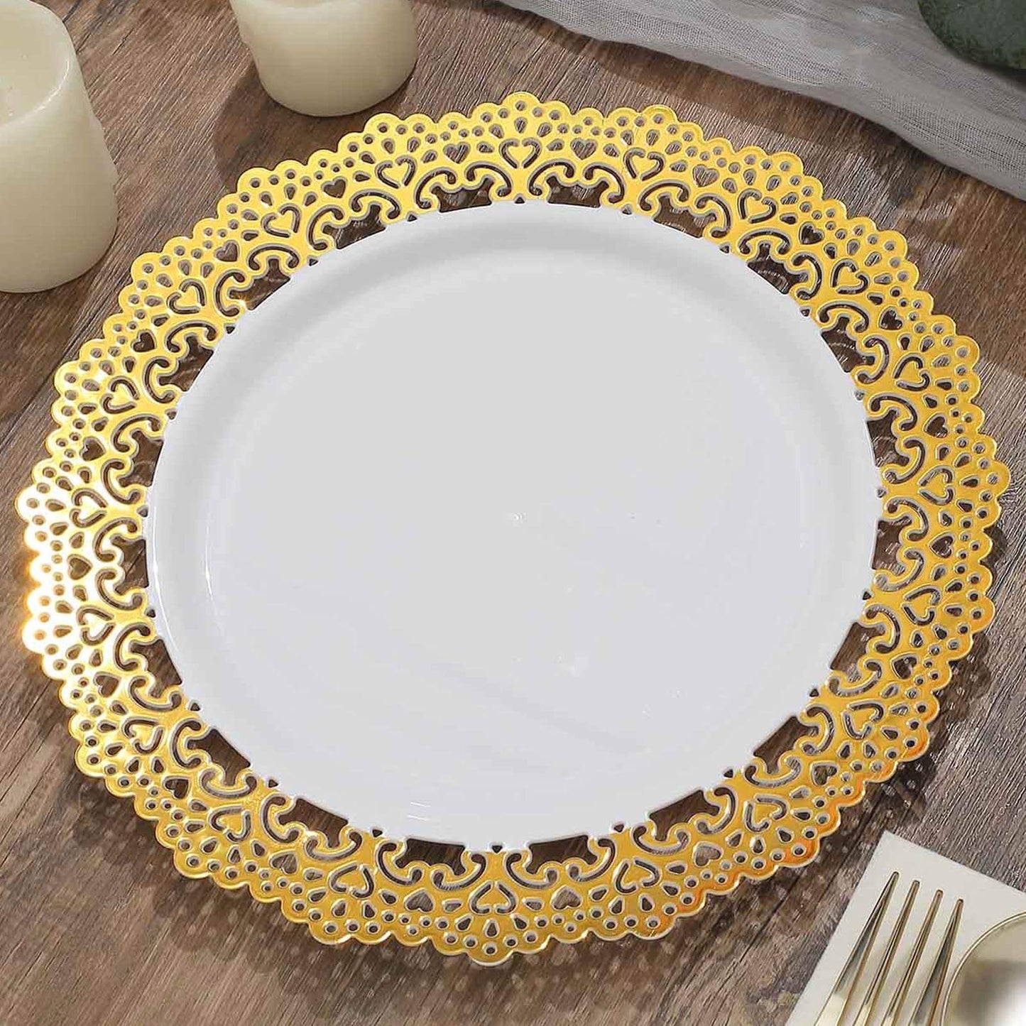 10-Pack Plastic 10" Round Dinner Plates in White with Gold Lace Rim - Disposable Party Plates for Classy Events & Banquets