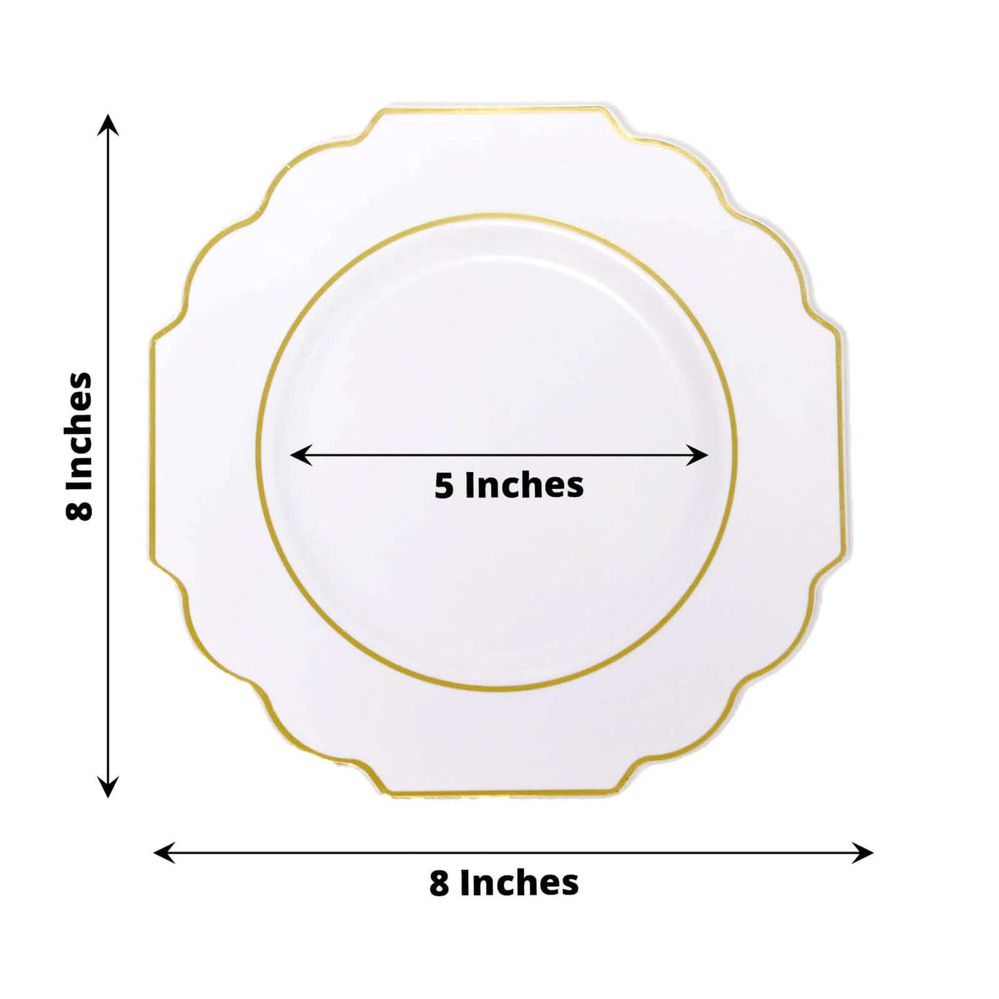 10-Pack Plastic Dessert Appetizer Plates in White Baroque Design with Scalloped Gold Rim - Heavy Duty Disposable Salad Plates for Formal Events & Banquets 8"