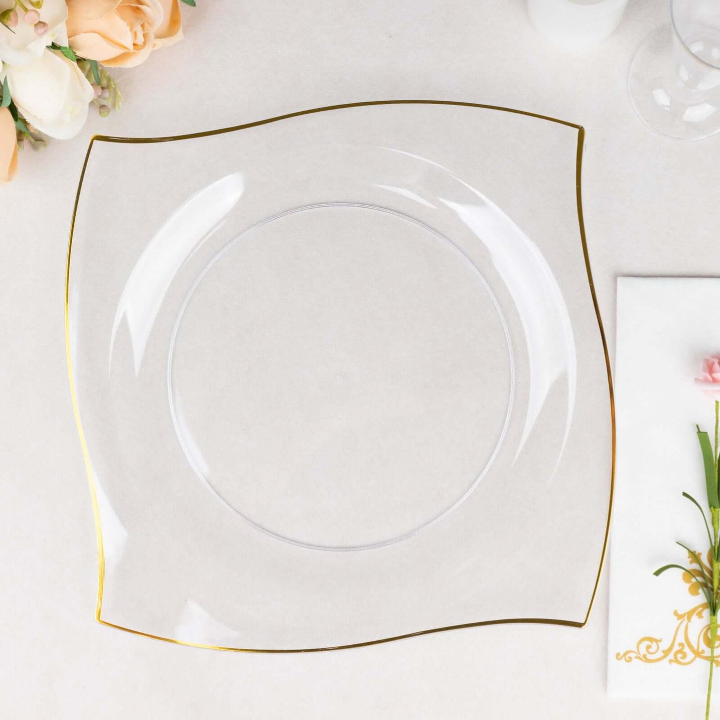 10-Pack Plastic 10" Square Dinner Plates in Clear with Gold Wavy Rim Modern - Disposable Party Plates