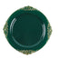 10-Pack Plastic 10" Round Dinner Plates in Hunter Emerald Green with Gold Leaf Embossed Rim - Disposable Vintage Baroque Style Plates