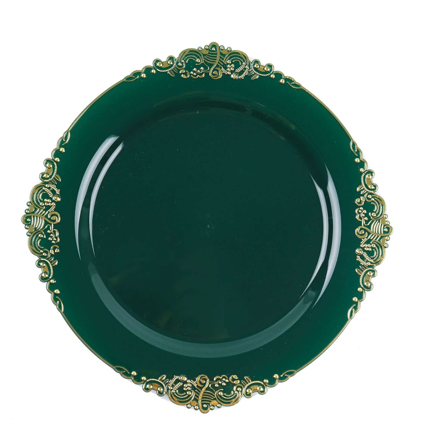 10-Pack Plastic 10" Round Dinner Plates in Hunter Emerald Green with Gold Leaf Embossed Rim - Disposable Vintage Baroque Style Plates