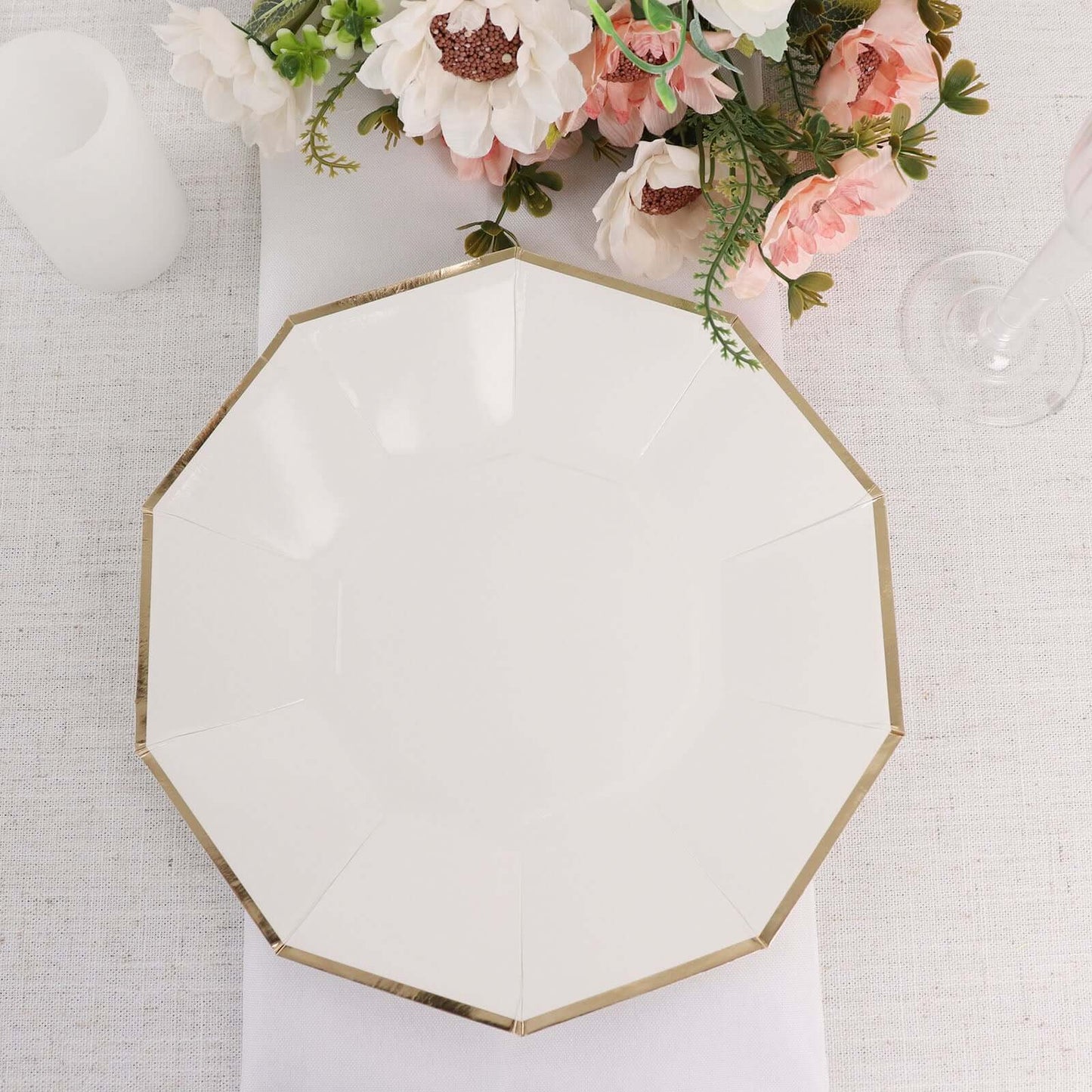 25-Pack Paper 9" Decagon Dinner Plates in White with Gold Foil Rim - Disposable Geometric Party Plates for Modern Weddings & Events