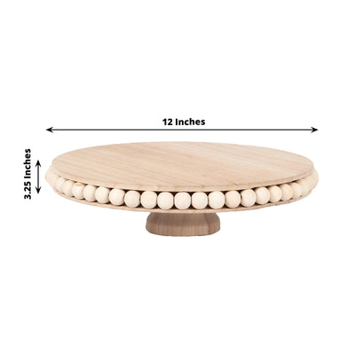 Wooden Pedestal Cake Stand Round Rustic Design with Beaded Edge Natural - Farmhouse Cupcake Holder Serving Tray 12"