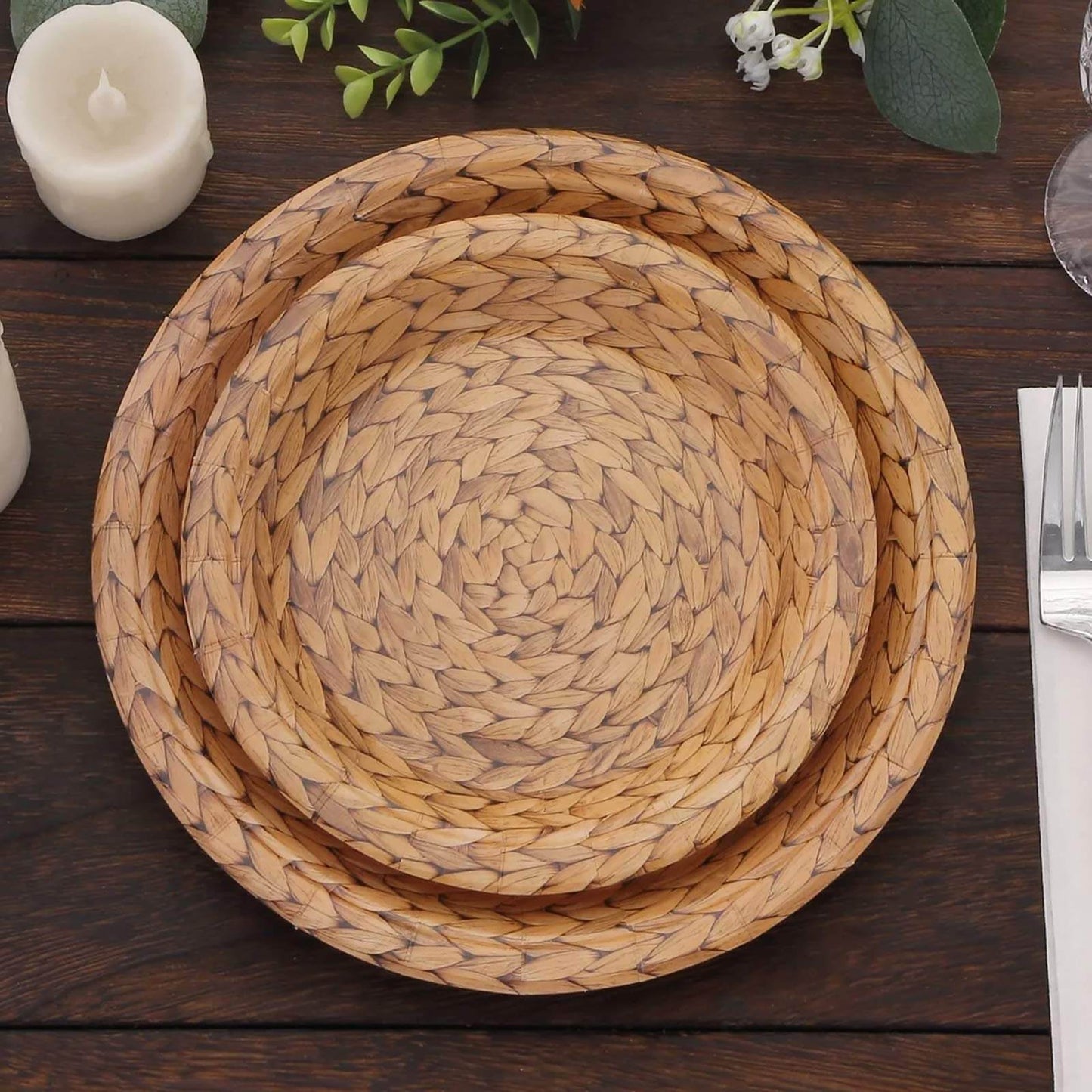 25-Pack Paper 7" Round Dessert Plates in Natural with Woven Rattan Print - Rustic Farmhouse Disposable 300GSM Appetizer Salad Plates for Indoor & Outdoor Gatherings