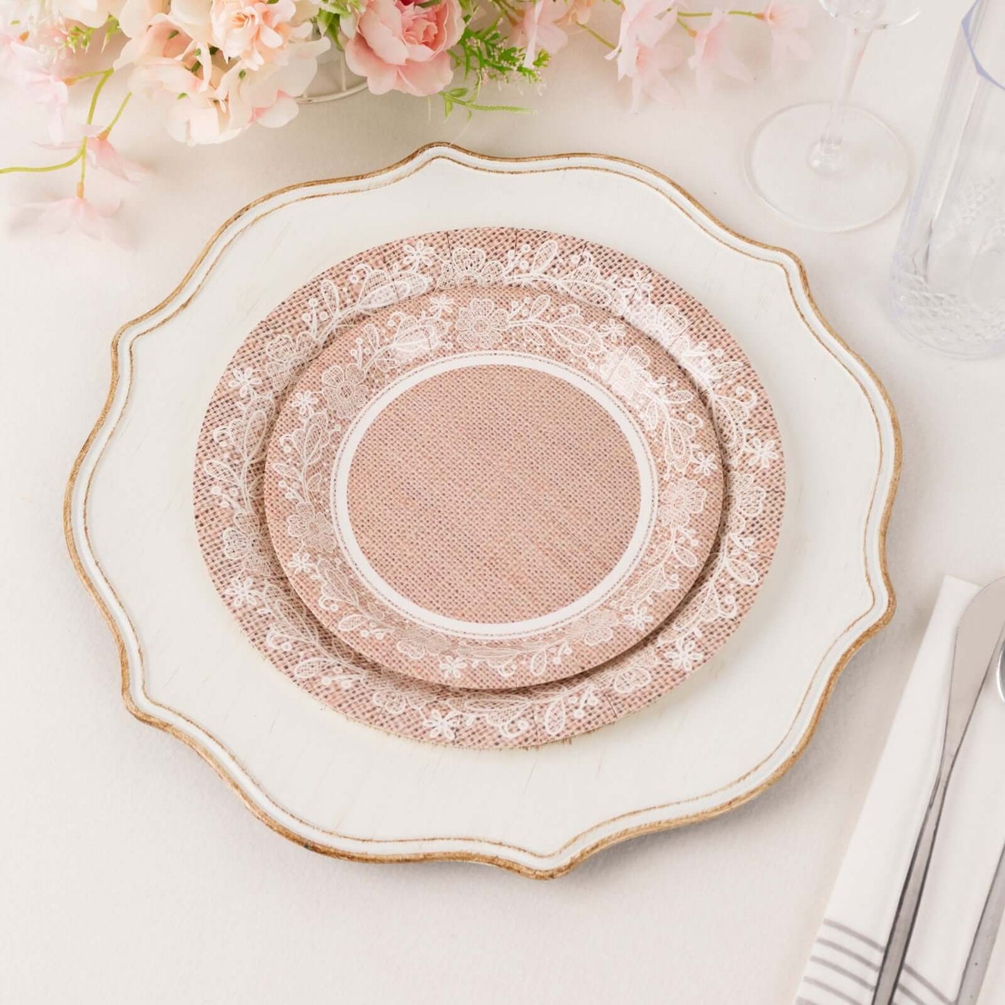25-Pack Paper 9" Round Dinner Plates in Natural Burlap Print with White Floral Lace Rim - Rustic Farmhouse Inspired Disposable Party Plates