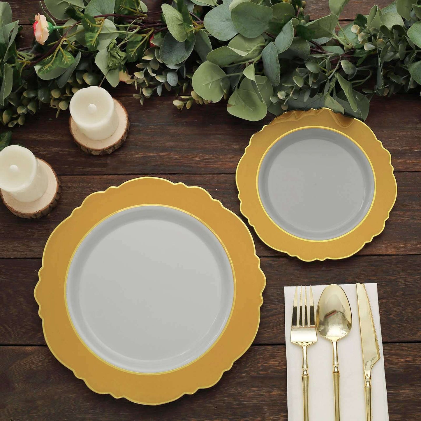 10-Pack Plastic 8" Round Dessert Plates in White with Gold Blossom Design & Gold Edging - Disposable Salad Appetizer Plates for Modern & Classy Table Decor