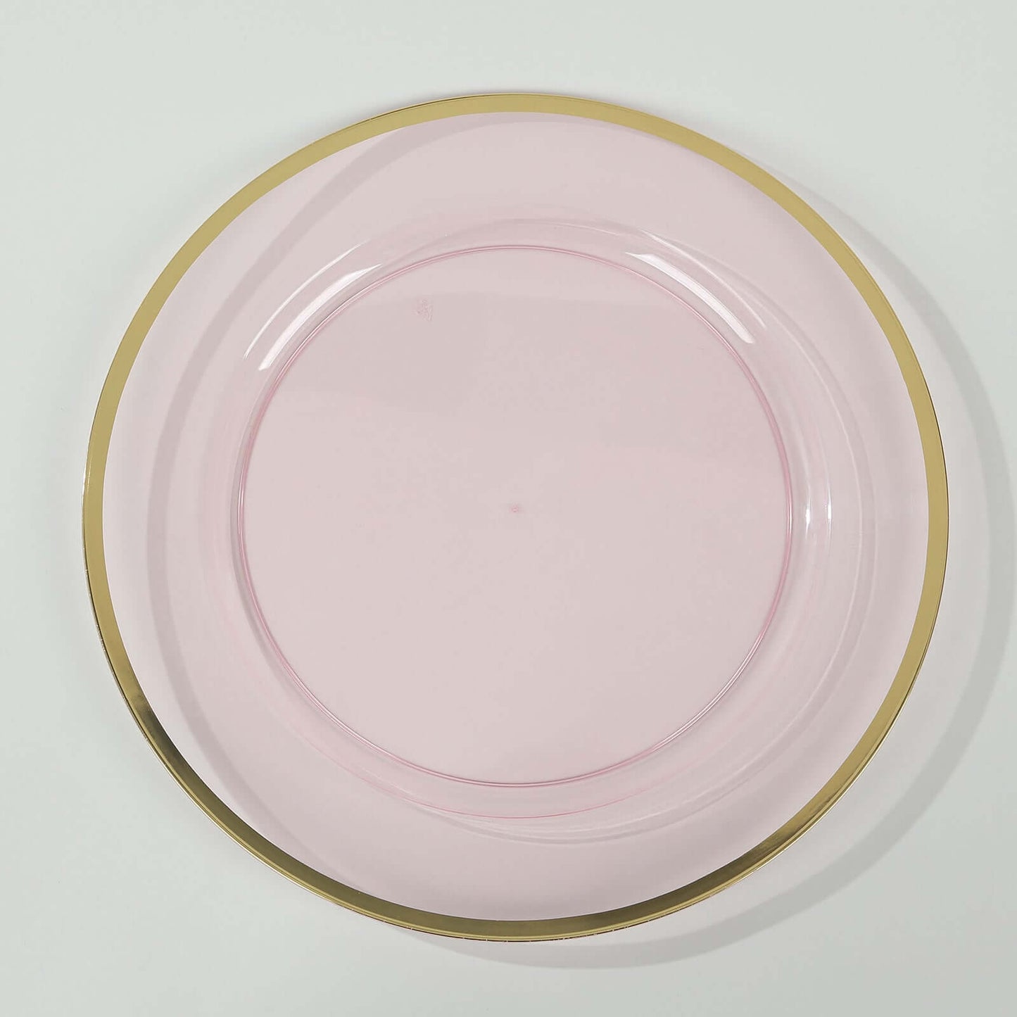 10-Pack Economy Plastic Round Charger Plates 12" in Transparent Blush with Wide Gold Rim, Decorative Dinner Party Serving Plates