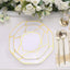 10-Pack Plastic 10" Octagon Dinner Plates in White - Modern Disposable Party Plates with Gold Geometric Design for Special Occasions & Celebrations