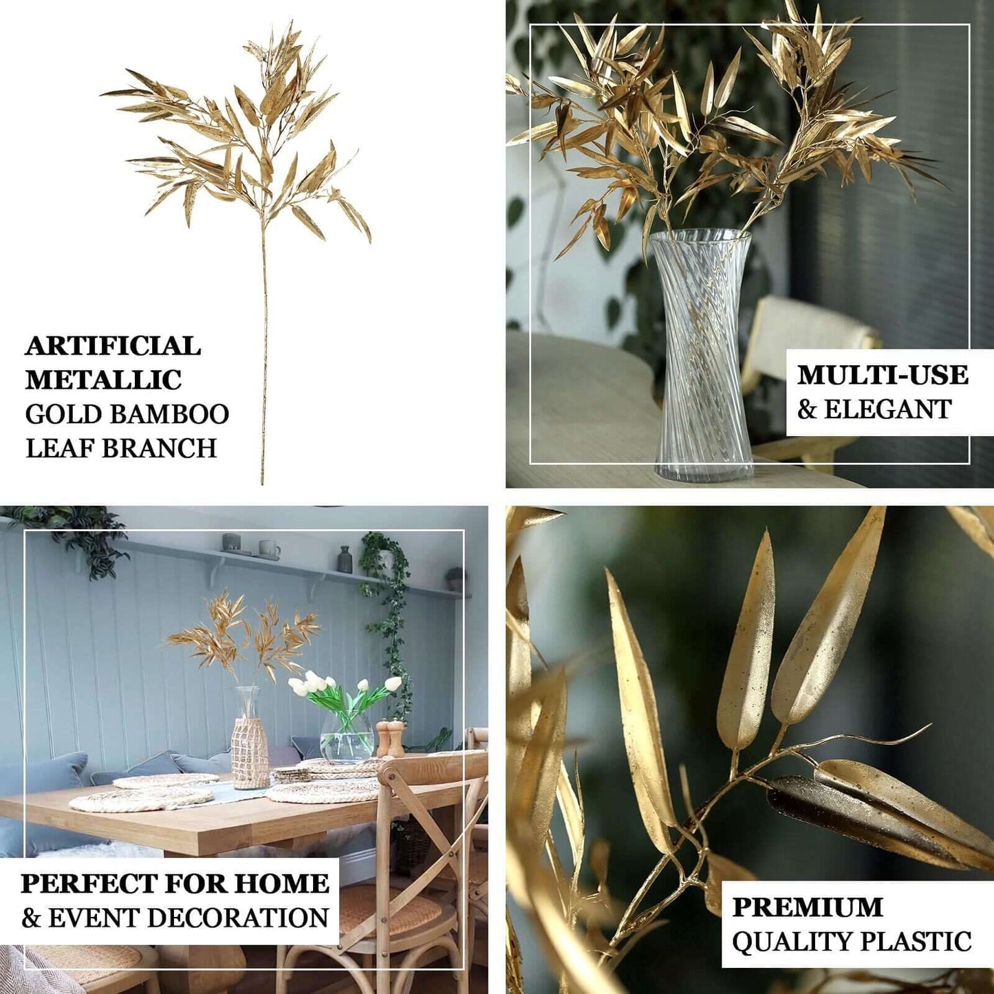 2-Pack Artificial Metallic Bamboo Leaf Branches Gold - Shiny Faux Plant Stems Vase Filler Floral Arrangement Centerpiece Decor 33"