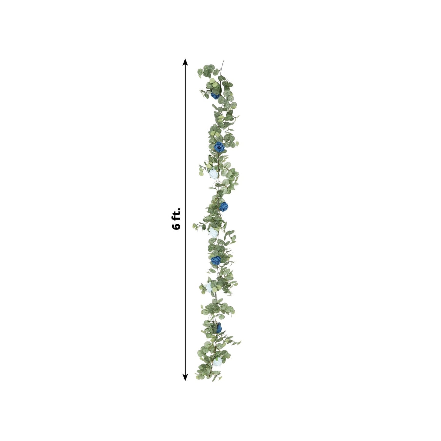 6ft Artificial Eucalyptus Garland with Royal Blue/Light Blue Silk Roses â€“ Faux Greenery Vine
