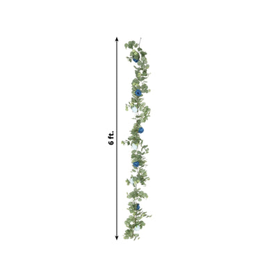 6ft Artificial Eucalyptus Garland with Royal Blue/Light Blue Silk Roses â€“ Faux Greenery Vine