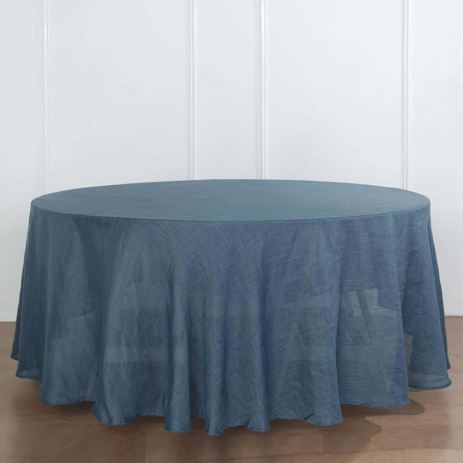 Faux Linen 120" Round Tablecloth Blue - Slubby Texture Wrinkle - Resistant Seamless Table Cover - Linen Luxes