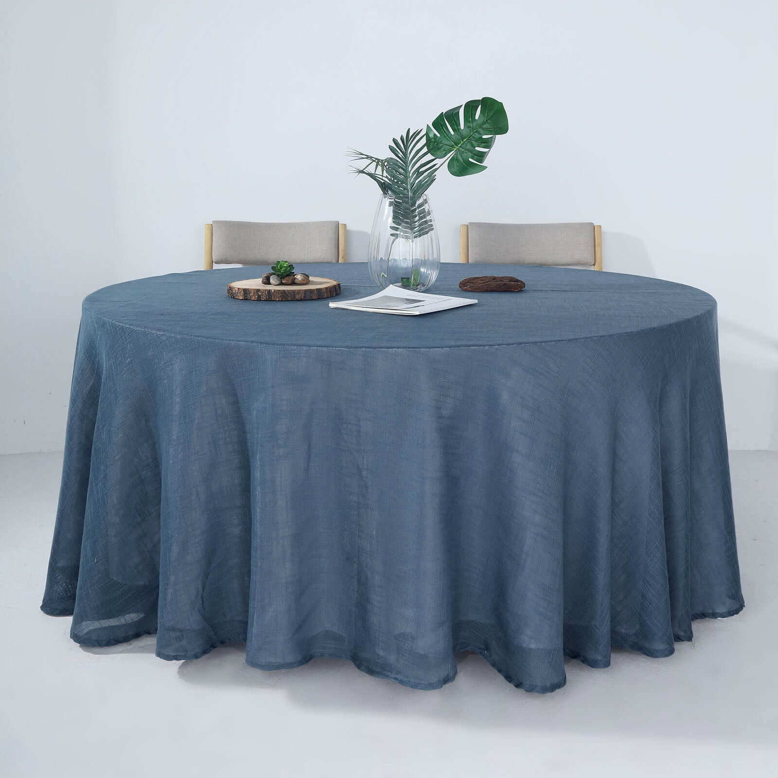 Faux Linen 120" Round Tablecloth Blue - Slubby Texture Wrinkle - Resistant Seamless Table Cover - Linen Luxes