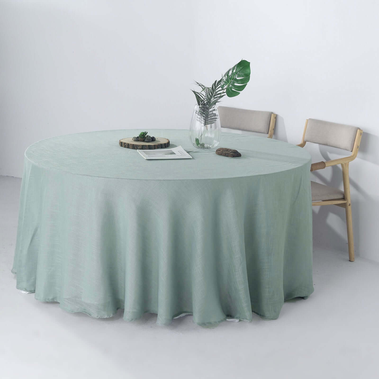 Faux Linen 120" Round Tablecloth Dusty Blue - Slubby Texture Wrinkle - Resistant Seamless Table Cover - Linen Luxes