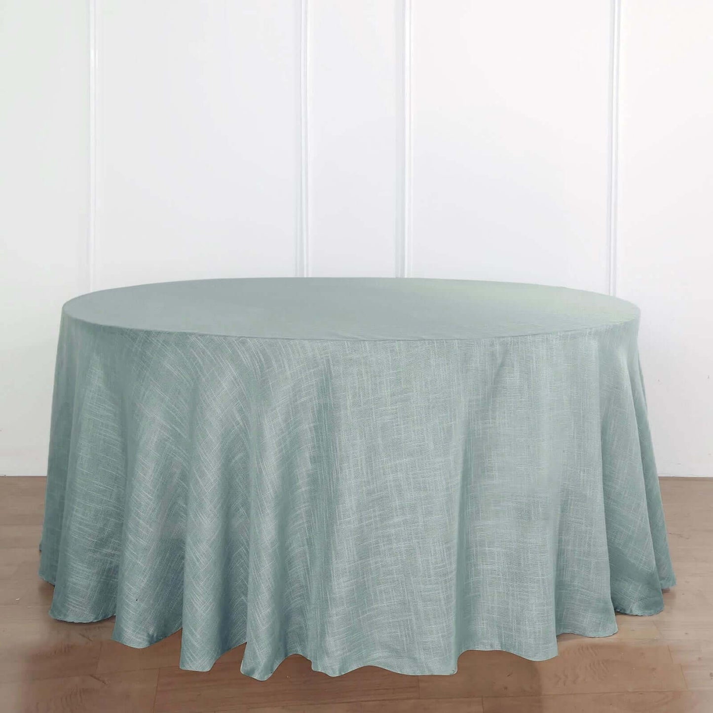 Faux Linen 120" Round Tablecloth Dusty Blue - Slubby Texture Wrinkle - Resistant Seamless Table Cover - Linen Luxes