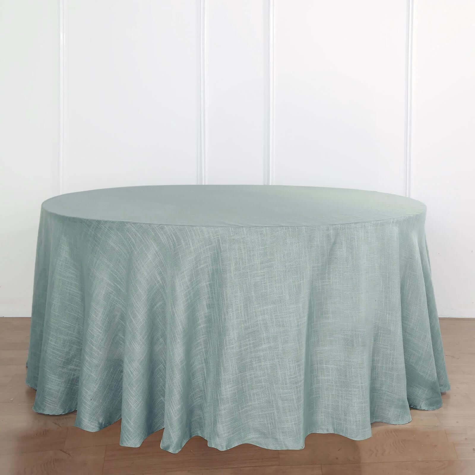 Faux Linen 120" Round Tablecloth Dusty Blue - Slubby Texture Wrinkle - Resistant Seamless Table Cover - Linen Luxes