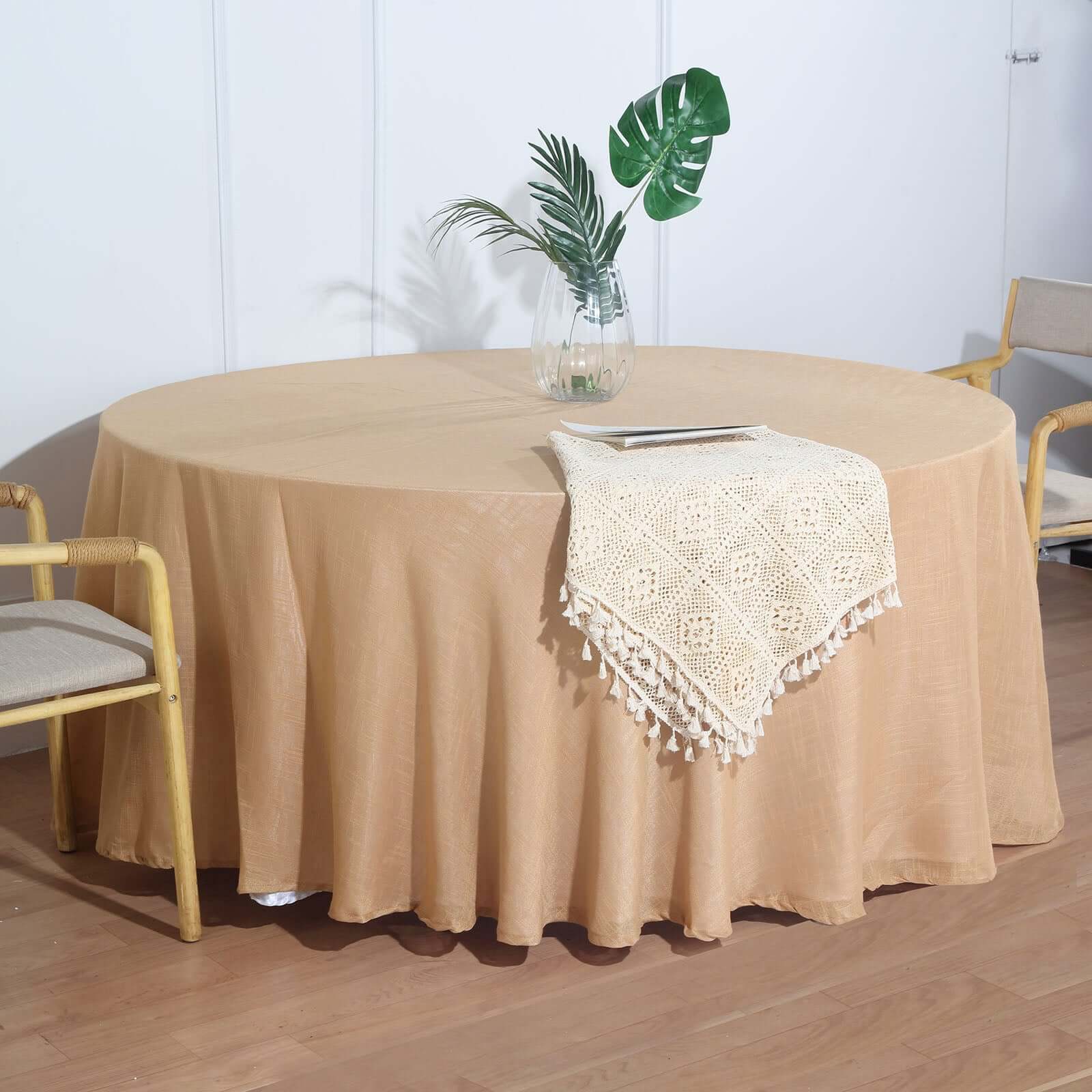Faux Linen 120" Round Tablecloth Natural - Slubby Texture Wrinkle - Resistant Seamless Table Cover - Linen Luxes
