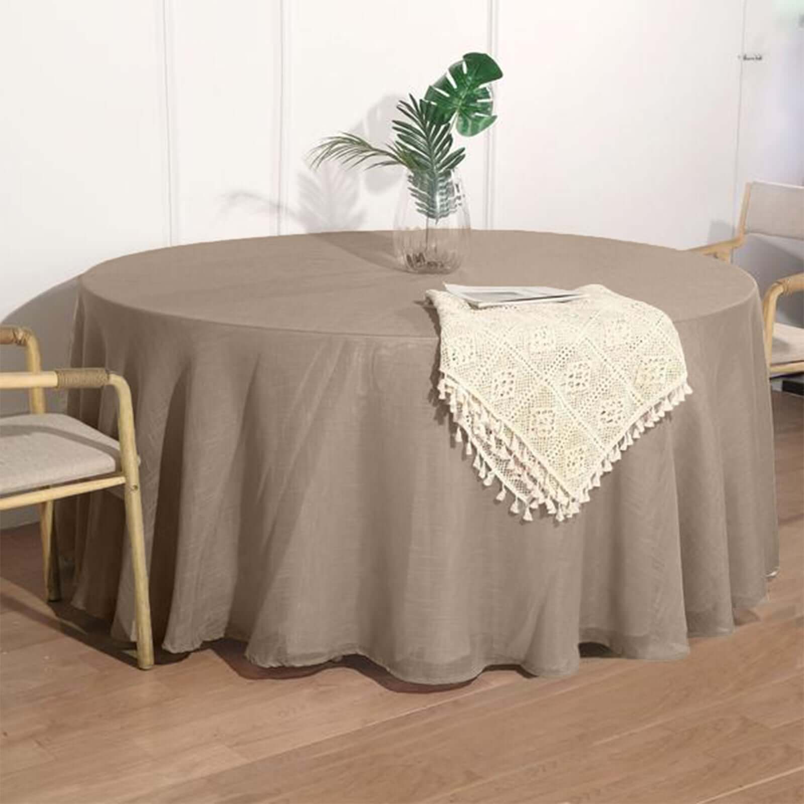 Faux Linen 120" Round Tablecloth Taupe - Slubby Texture Wrinkle - Resistant Seamless Table Cover - Linen Luxes