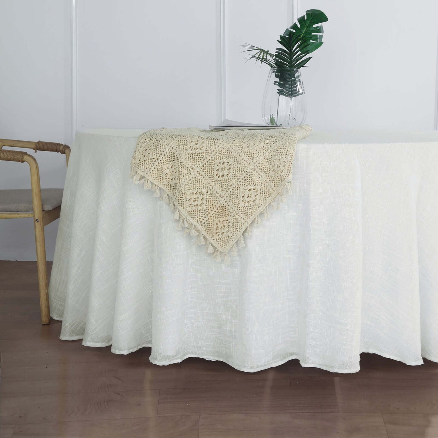 Faux Linen 120" Round Tablecloth White - Modern Slubby Texture with Wrinkle - Resistant Appeal Seamless Table Cover - Linen Luxes