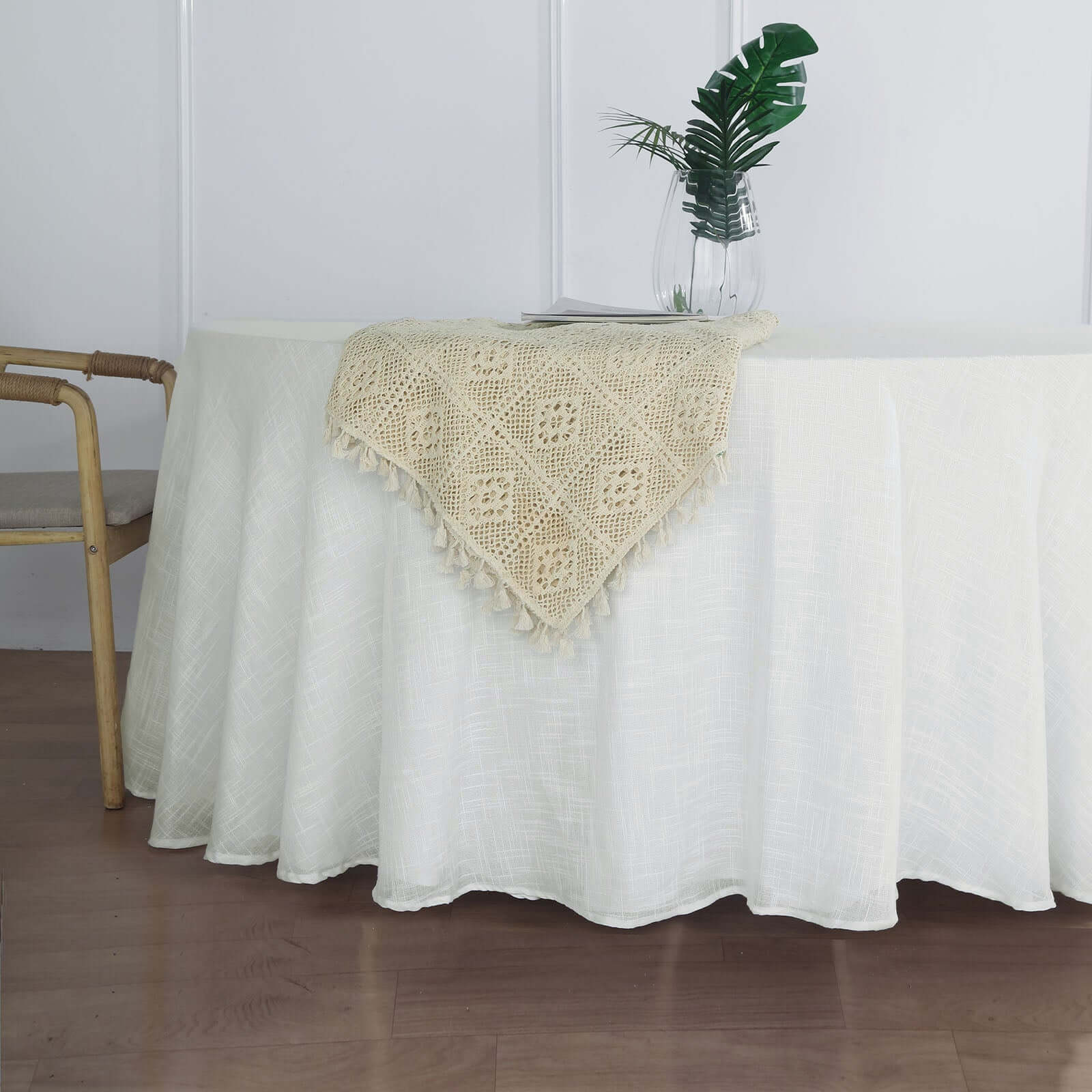 Faux Linen 120" Round Tablecloth White - Modern Slubby Texture with Wrinkle - Resistant Appeal Seamless Table Cover - Linen Luxes