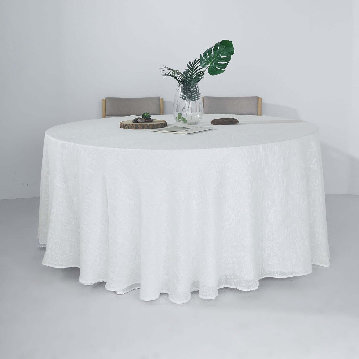 Faux Linen 120" Round Tablecloth White - Modern Slubby Texture with Wrinkle - Resistant Appeal Seamless Table Cover - Linen Luxes