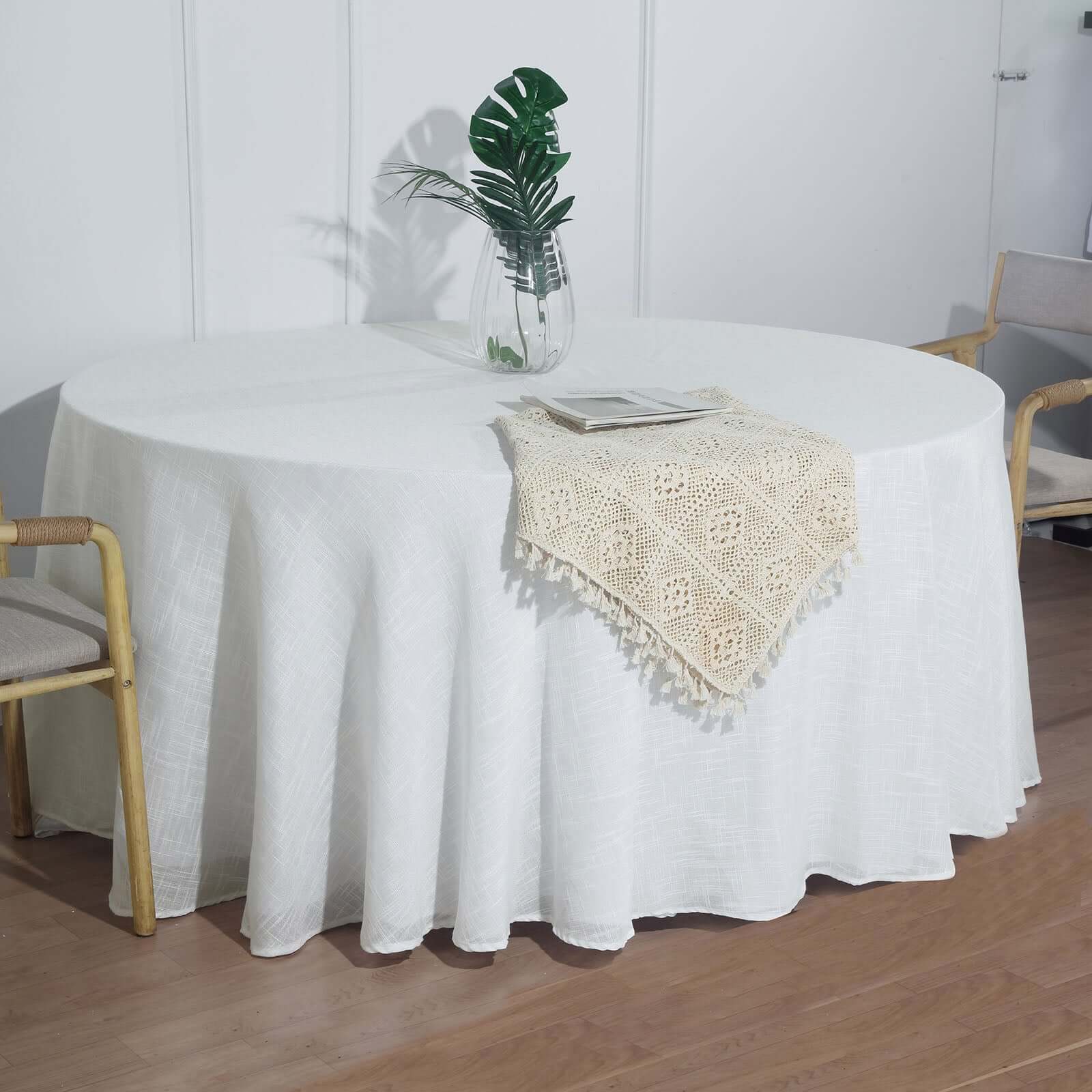 Faux Linen 120" Round Tablecloth White - Modern Slubby Texture with Wrinkle - Resistant Appeal Seamless Table Cover - Linen Luxes