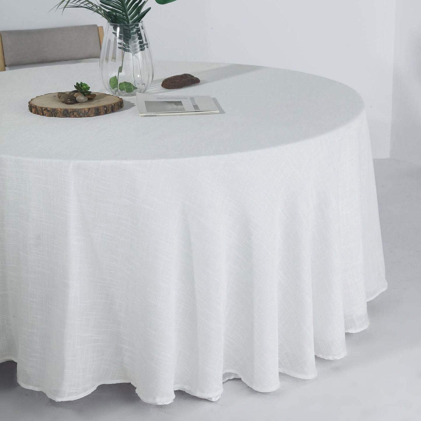 Faux Linen 120" Round Tablecloth White - Modern Slubby Texture with Wrinkle - Resistant Appeal Seamless Table Cover - Linen Luxes