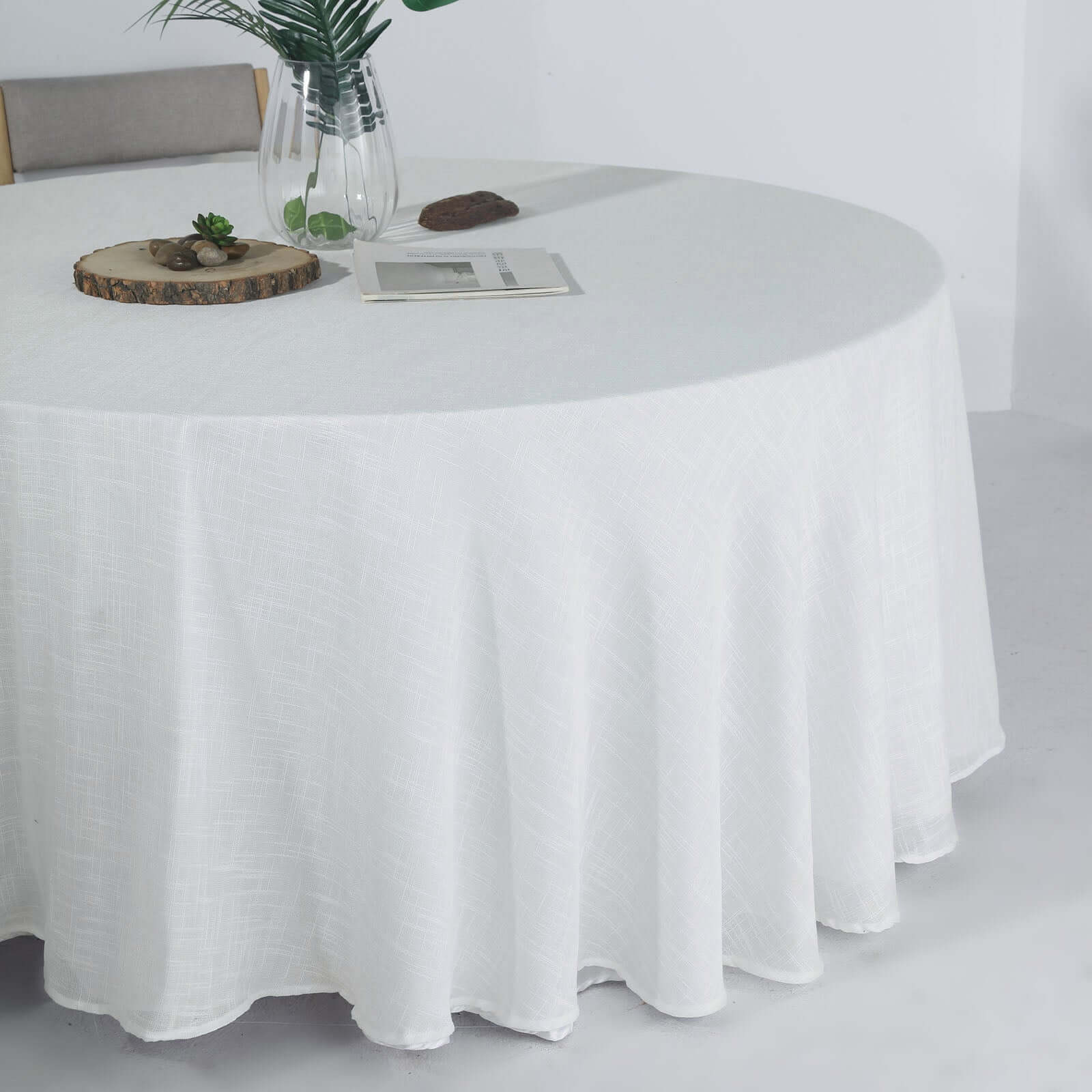 Faux Linen 120" Round Tablecloth White - Modern Slubby Texture with Wrinkle - Resistant Appeal Seamless Table Cover - Linen Luxes