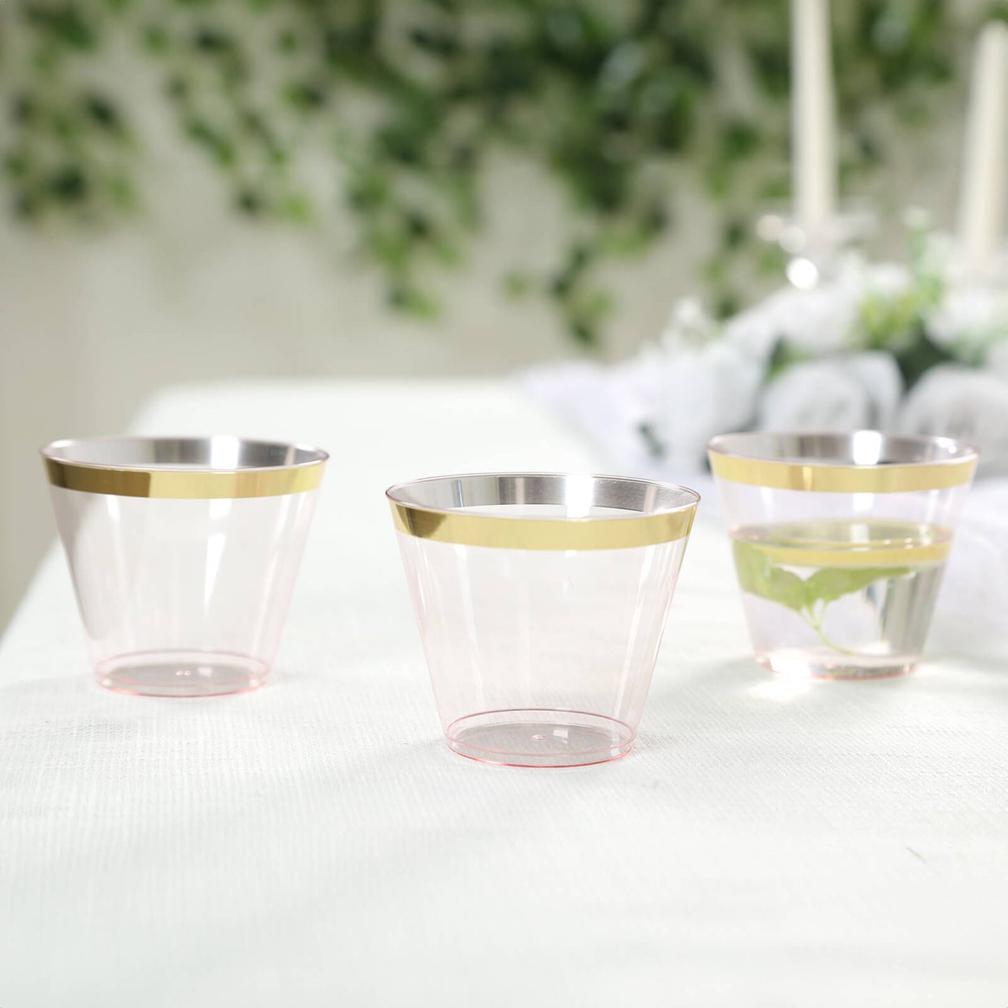 25-Pack Plastic Party Cups Transparent Blush Crystal with Gold Rim - Stylish Short Disposable Glasses 9oz