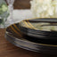 10-Pack Plastic 7" Round Dessert Plates in Black with Gold Brush Stroked Print - Disposable Appetizer Salad Plates for Modern Themed Events & Banquets