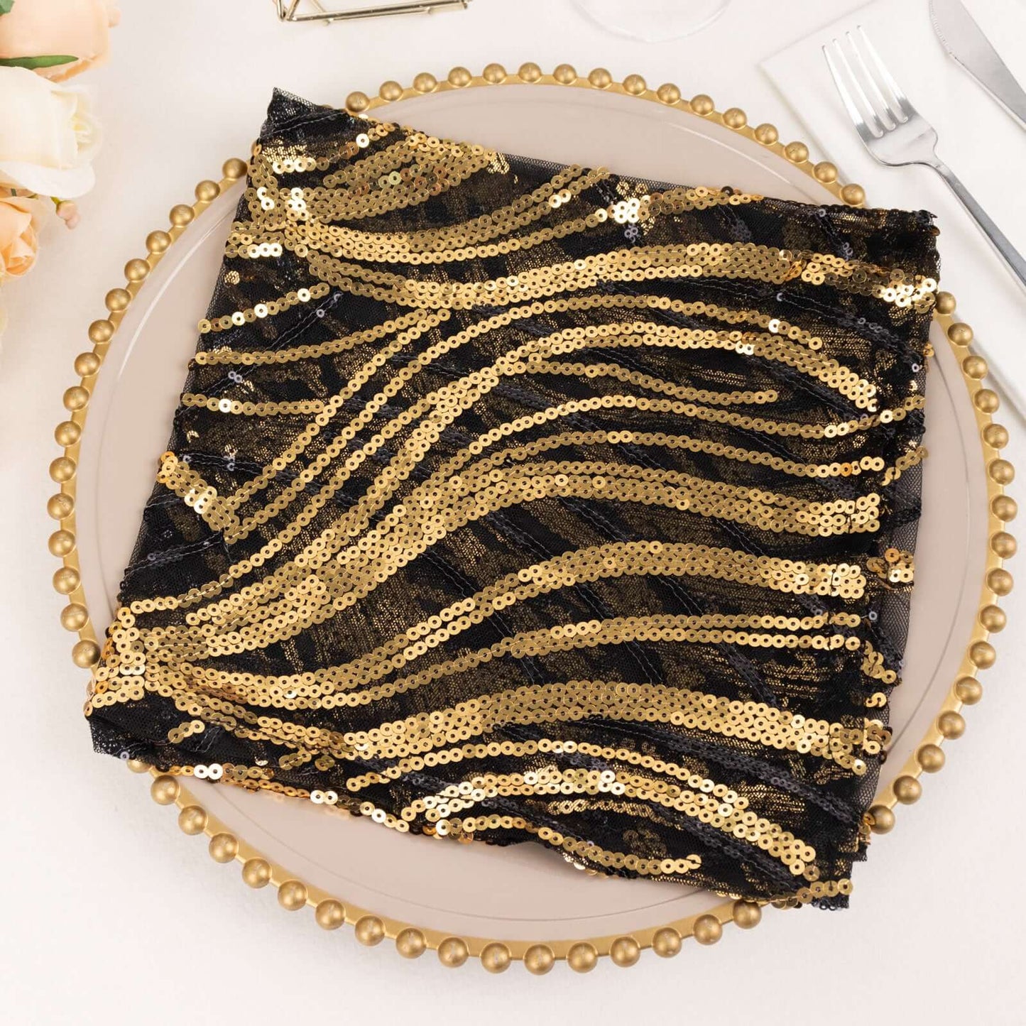 Sequin Mesh 20"x20" Napkin Black Gold - Wave Embroidered Reusable Napkin
