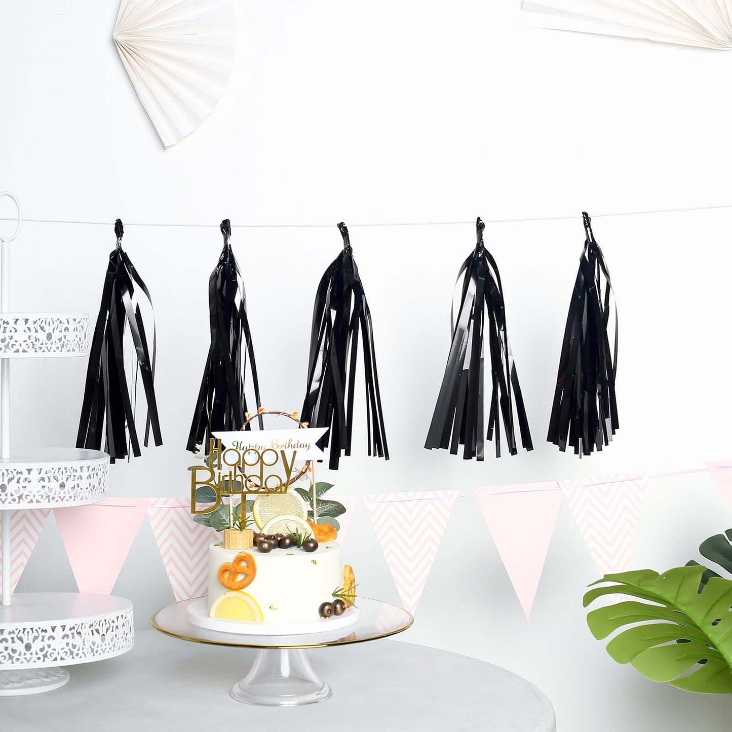 7.5ft Long Metallic Black Foil Tassels Fringe Garland, Tinsel Streamer Party Backdrop Decorations